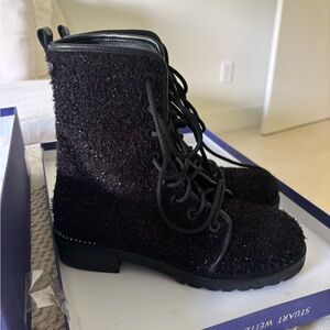 STUART WEITZMAN METERMAID BOUCLE COMBAT BOOTS